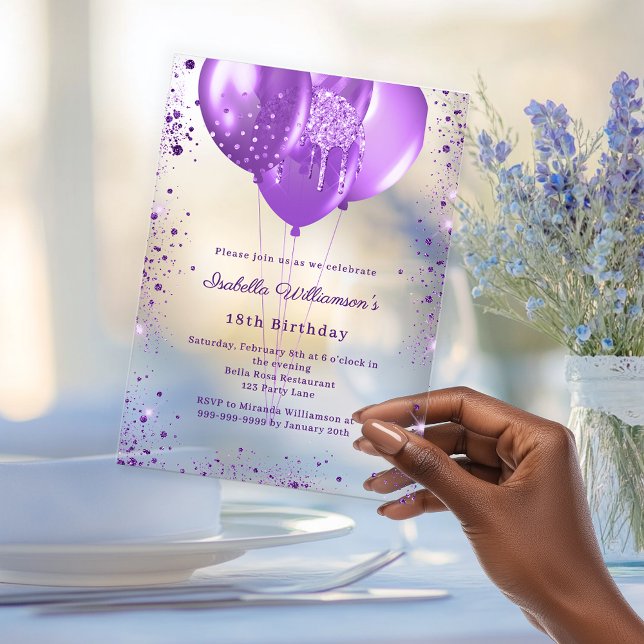 Invitaciones Acrílicas Globos morados lujo cumpleaños claro (Subido por el creador)