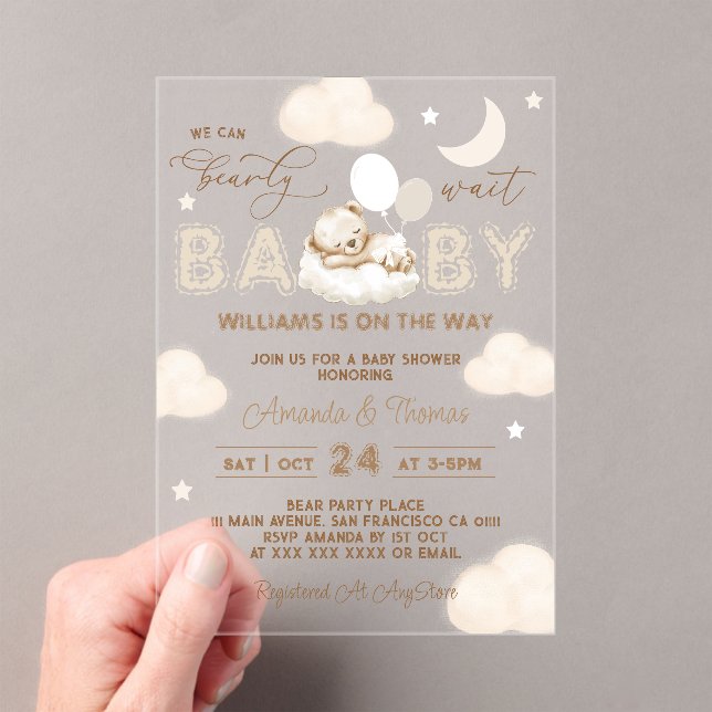 Invitaciones Acrílicas Globos Neutrales de Osito Cumpleaños de Bebe (Insitu (portátil))