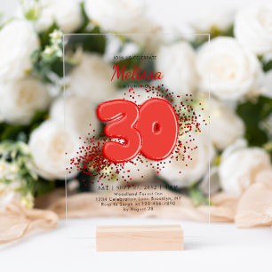 Invitaciones Acrílicas Globos rojos de cumpleaños 30 adulto confeti