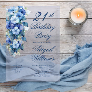 Invitaciones Acrílicas Glorias de la Mañana Elegantes Cumpleaños 21 Azul 