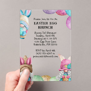 Invitaciones Acrílicas Gnomos de conejos coloridos y huevos Brunch de Pas