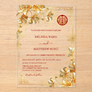 Invitaciones Acrílicas Gold 3 D Flowers Chinese Wedding