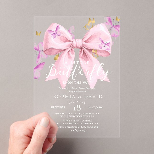 Invitaciones Acrílicas Gold A Little Butterfly  Pink Bow Baby Shower  (Insitu (portátil))