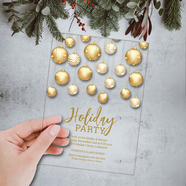 Invitaciones Acrílicas Gold and White Christmas Tree Ornaments (Gold and white Christmas tree ornaments ACRYLIC party invitations)