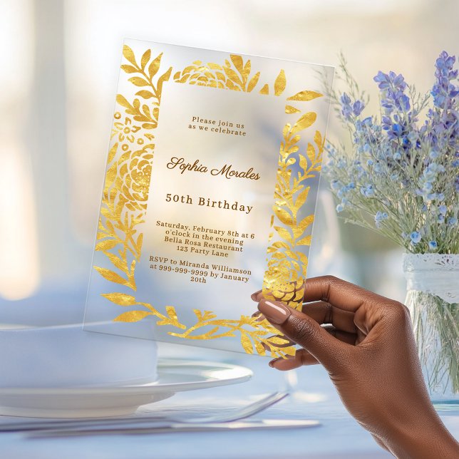 Invitaciones Acrílicas Gold botanical clear luxury birthday (Subido por el creador)
