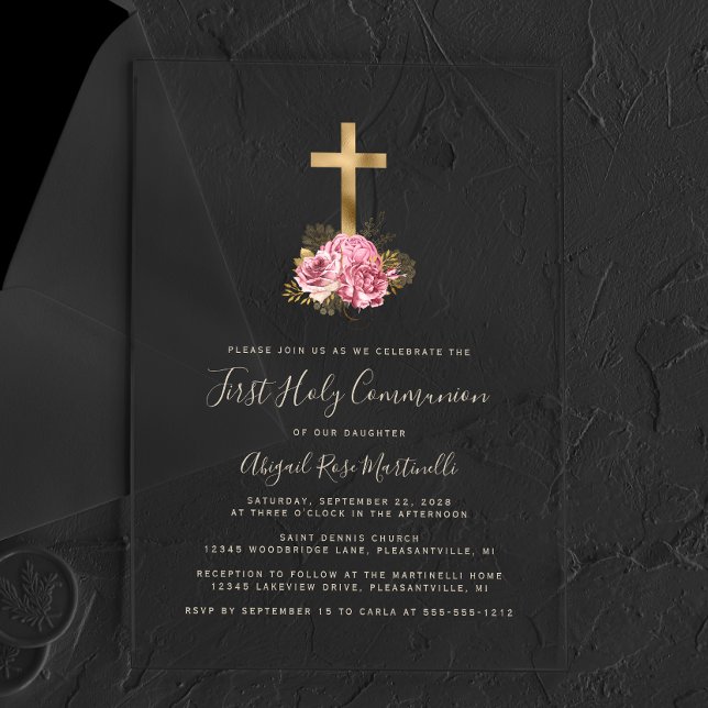 Invitaciones Acrílicas Gold Cross Pink Floral Gold Textos Primera Comunic (Subido por el creador)