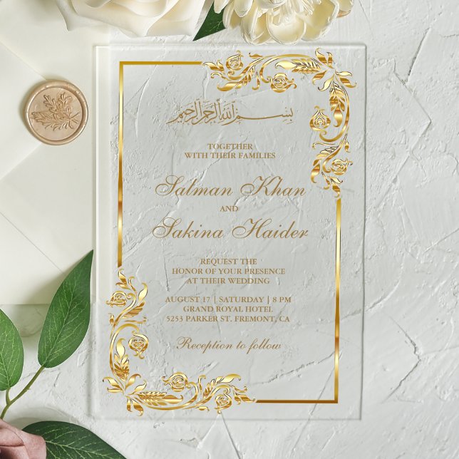 Invitaciones Acrílicas Gold Floral Border Islamic Wedding (Subido por el creador)