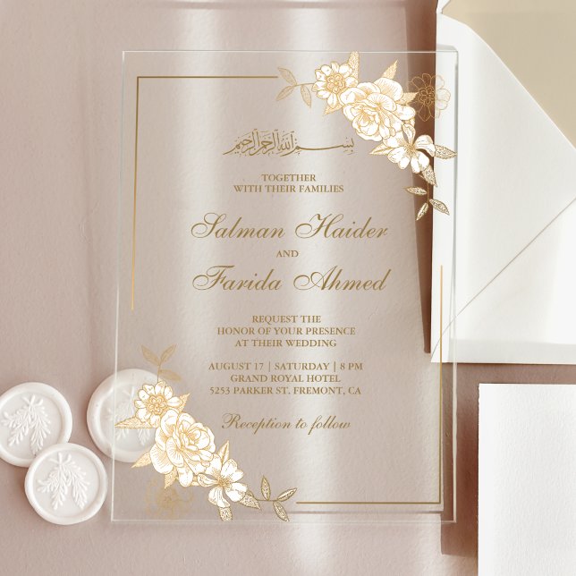 Invitaciones Acrílicas Gold Floral Leaves Branch Muslim Wedding (Subido por el creador)