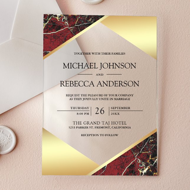 Invitaciones Acrílicas Gold Geometric Burgundy Marble Wedding (Subido por el creador)