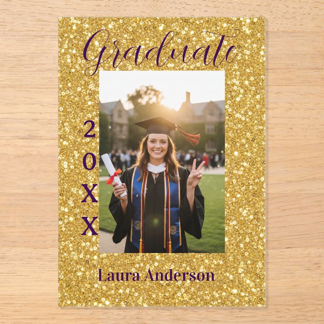 Invitaciones Acrílicas Gold glitter photo graduation add name class text (Anverso)