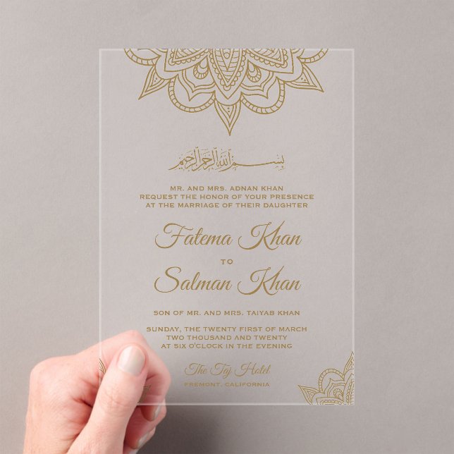 Invitaciones Acrílicas Gold Henna Mehndi Islamic Muslim Wedding (Insitu (portátil))