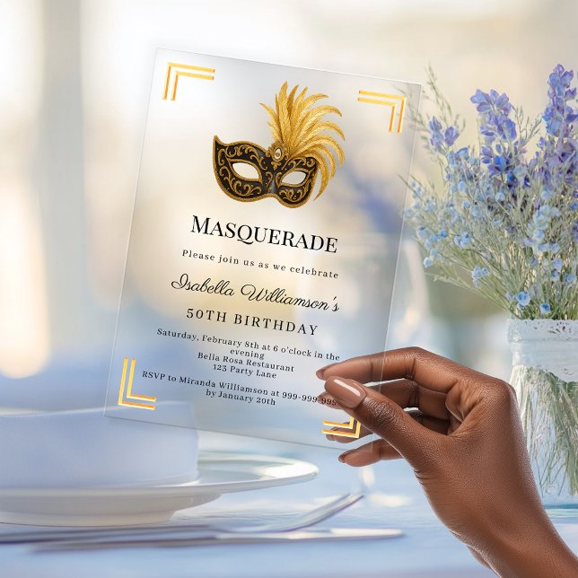Invitaciones Acrílicas Gold Masquerade luxury clear birthday party (Subido por el creador)