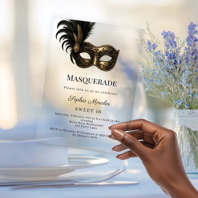 Invitaciones Acrílicas Gold Masquerade party Sweet 16 (Subido por el creador)