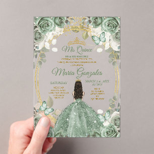 Invitaciones Acrílicas Gold Mis Quince Dusty Green Floral Quinceañera