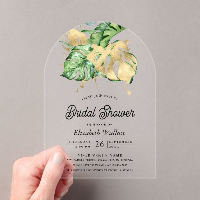 Invitaciones Acrílicas Gold Monstera Tropical Palm Bridal Shower (Insitu (portátil))