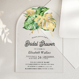 Invitaciones Acrílicas Gold Monstera Tropical Palm Bridal Shower