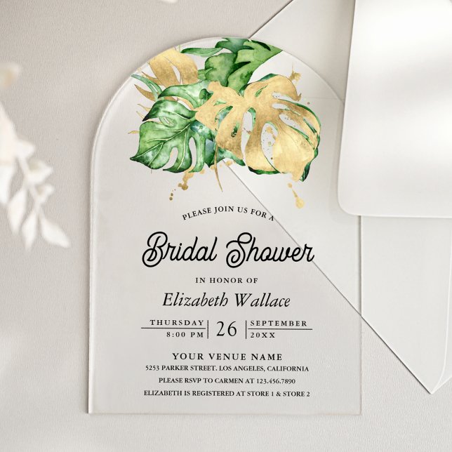 Invitaciones Acrílicas Gold Monstera Tropical Palm Bridal Shower (Subido por el creador)