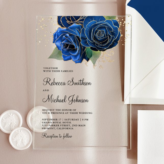 Invitaciones Acrílicas Gold Royal Blue Floral Wedding (Subido por el creador)