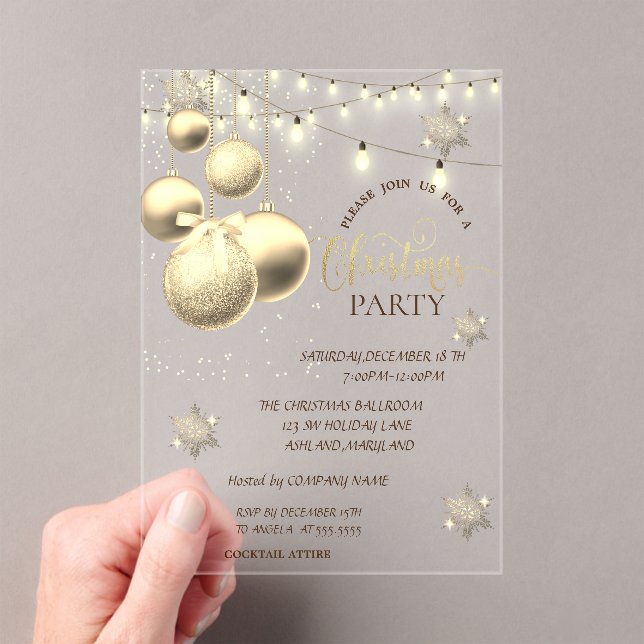 Invitaciones Acrílicas Gold Snowflakes,Balls Company Christmas Party (Insitu (portátil))