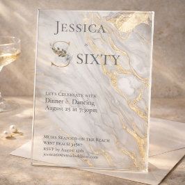 Invitaciones Acrílicas Gold Vein Marble Floral Monogram 60th Birthday 