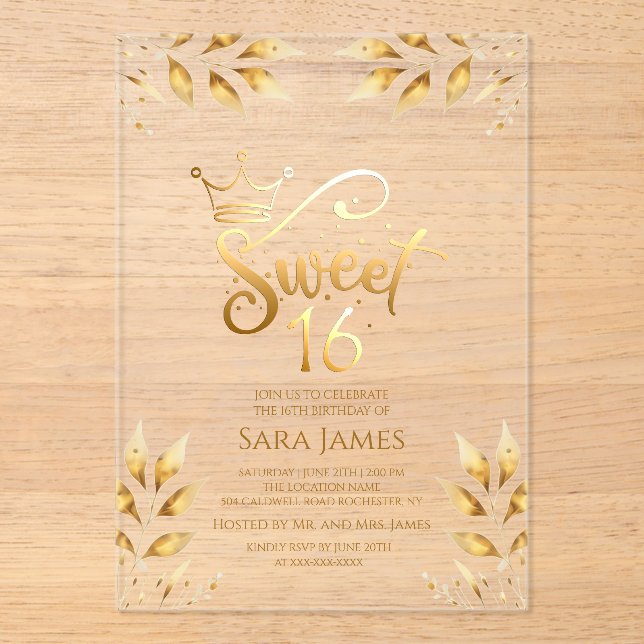Invitaciones Acrílicas Golden Majesty Sweet 16 Acrylic Invitation (Anverso)