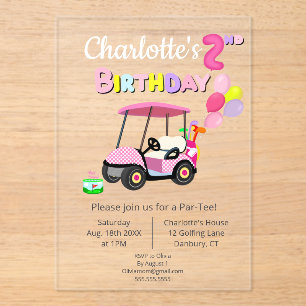 Invitaciones Acrílicas Golf Cute 2º cumpleaños Polka Dot Pink Girly