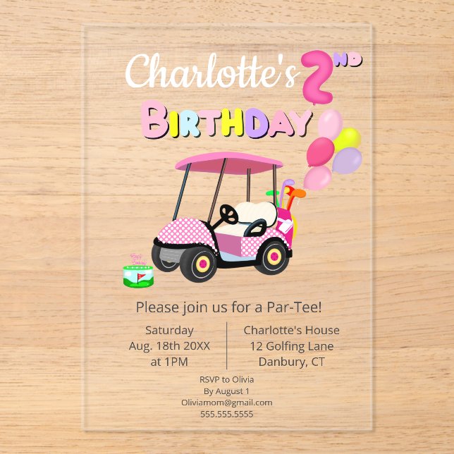 Invitaciones Acrílicas Golf Cute 2º cumpleaños Polka Dot Pink Girly (Anverso)