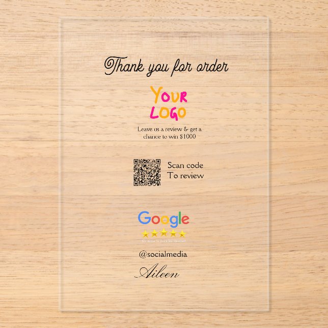 Invitaciones Acrílicas Google review business logo website scan QR code (Anverso)