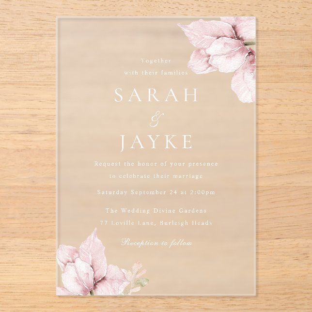 Invitaciones Acrílicas Gorgeous Blush Flower Petals Elegant Wedding (Anverso)