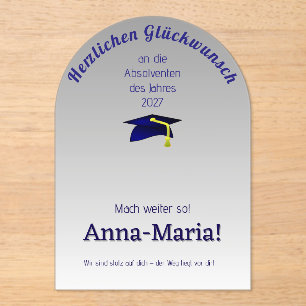 Invitaciones Acrílicas gorra de graduación azul en plata - ALEMÁN Felicid
