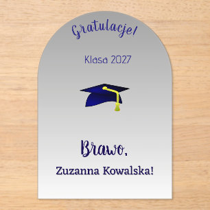 Invitaciones Acrílicas gorra de graduación azul - Felicidades en polaco