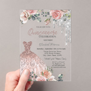 Invitaciones Acrílicas Gotas de Plata, Vestido, Rosas Rosa Quinceañera
