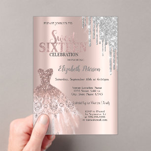Invitaciones Acrílicas Goteos de brillo de plata Cool, Vestido de Rosa Do