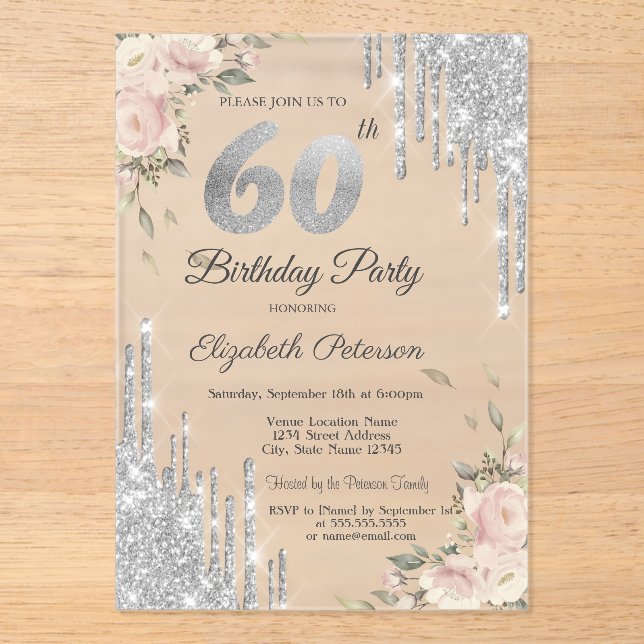 Invitaciones Acrílicas Goteos de purpurina plateada, Rosas Cumpleaños 60 (Anverso)