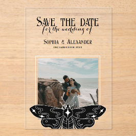 Invitaciones Acrílicas Gothic Moody Black and White Wedding photo