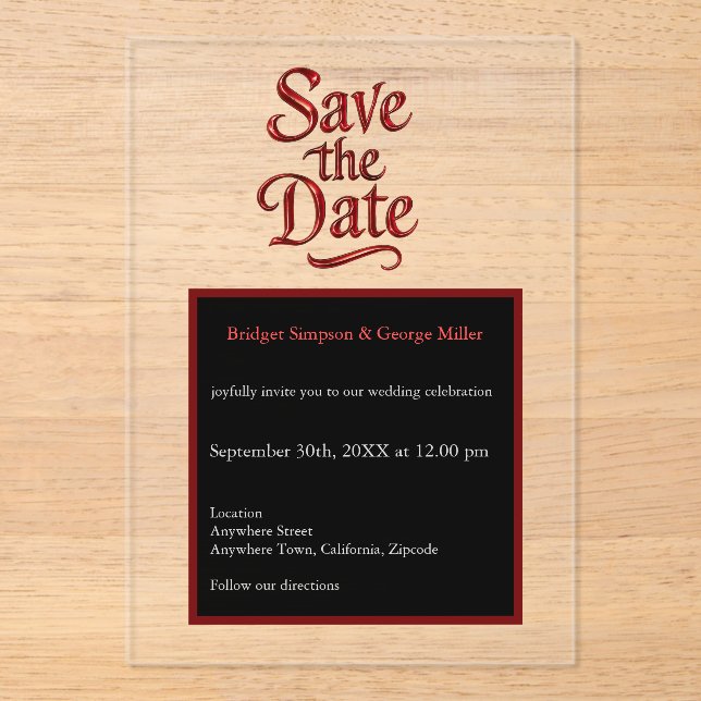 Invitaciones Acrílicas Gótico Guardar la fecha - transparente rojo metáli (Anverso)