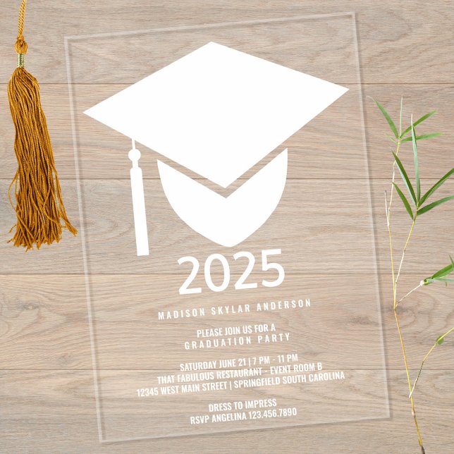 Invitaciones Acrílicas Grad 2025 Partido de Graduación de Cabo Blanco For (A bold cap & tassel in white printed on clear acrylic sets the tone for your graduation celebrations)