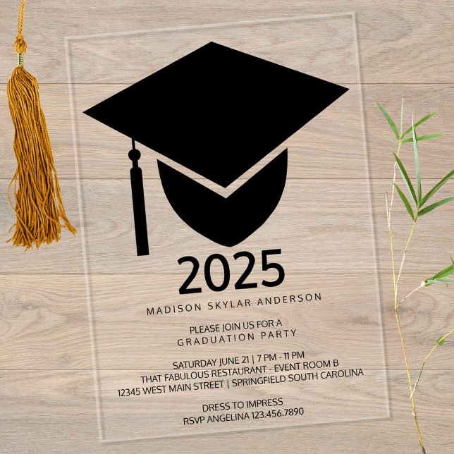 Invitaciones Acrílicas Grad 2025 Partido de Graduación Formal del Cabo Ne (A bold cap & tassel in black printed on clear acrylic sets the tone for your graduation celebrations)
