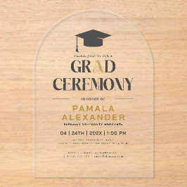 Invitaciones Acrílicas Grad Ceremony Gold and Gray Retro Typography