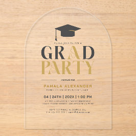 Invitaciones Acrílicas Grad Party Gold Gray Retro Typography