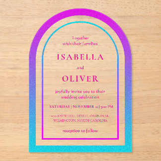Invitaciones Acrílicas Gradiente elegante de cian y magenta para boda