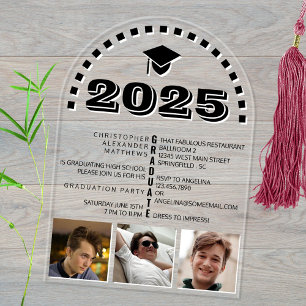 Invitaciones Acrílicas Grado 2025 Cool 3 Fotocolage Fiesta Negro Blanco