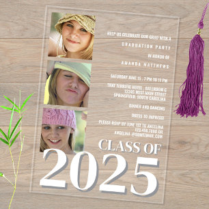 Invitaciones Acrílicas Grado 2025 Modern White Text 3 Graduación de fotos