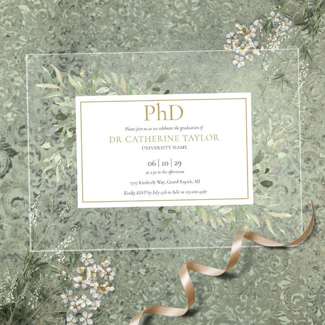 Invitaciones Acrílicas Grado de Doctor Vegetación Floral Dorado Graduació (Phd Degree Greenery Floral Gold Graduation Acrylic Invitations)