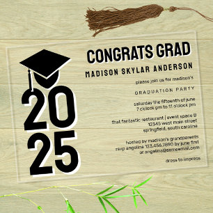 Invitaciones Acrílicas Graduación 2025 Gorra y Borla Negra y Blanca