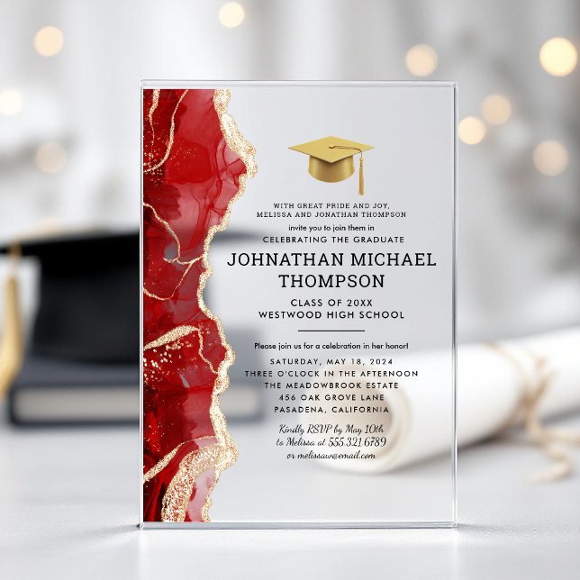 Invitaciones Acrílicas Graduación Ágata Rojo Oro Graduación (Subido por el creador)