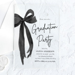 Invitaciones Acrílicas Graduación con Lazo Negro Moderno Elegante y con E