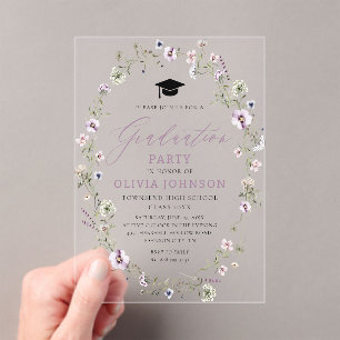 Invitaciones Acrílicas Graduación de Flor Silvestre Púrpura Moderna