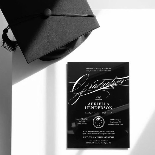 Invitaciones Acrílicas Graduación de guiones elegantes y formales en negr (Subido por el creador)