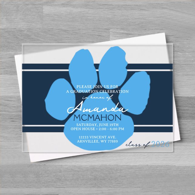 Invitaciones Acrílicas Graduación de huella azul marina y bebé elegante (Unique Light Blue & Navy Graduation Pawprint Elegant Frosted Acrylic Invitations)